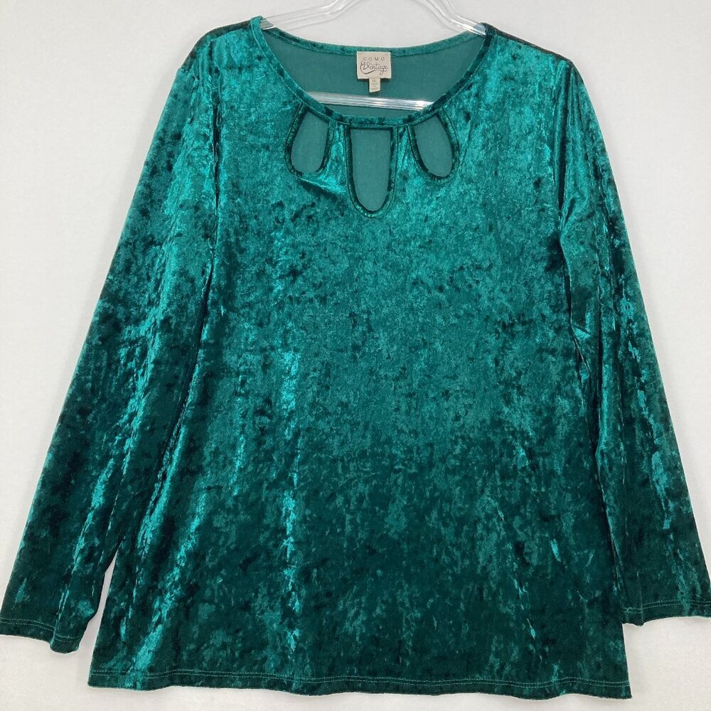 Como Vintage size XL Green Cut Out Detail Velvet Stretch Long Sleeve Top
